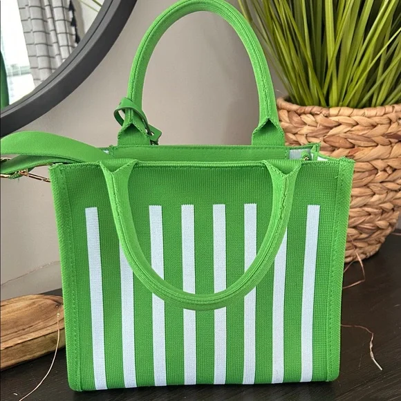 kate spade green and white striped canvas tote with daisy charm - Picture 3 of 4